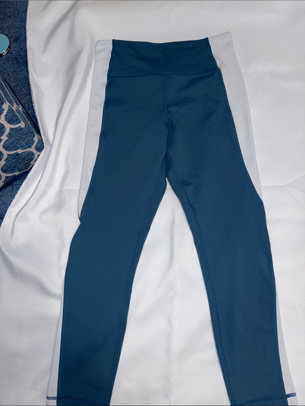 High-Rise Blue and White Colorblock Active Leggings